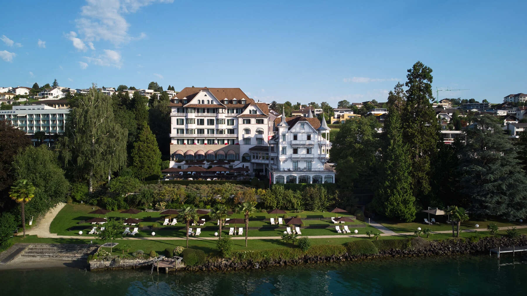 Front view of Chenot Palace Weggis from the Lake Lucerne, Switzerland