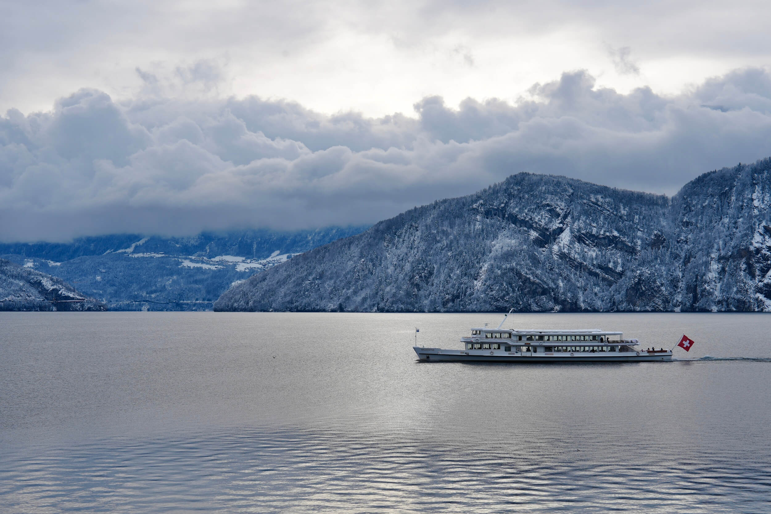 Winter scenery of boat on Lake Lucerne